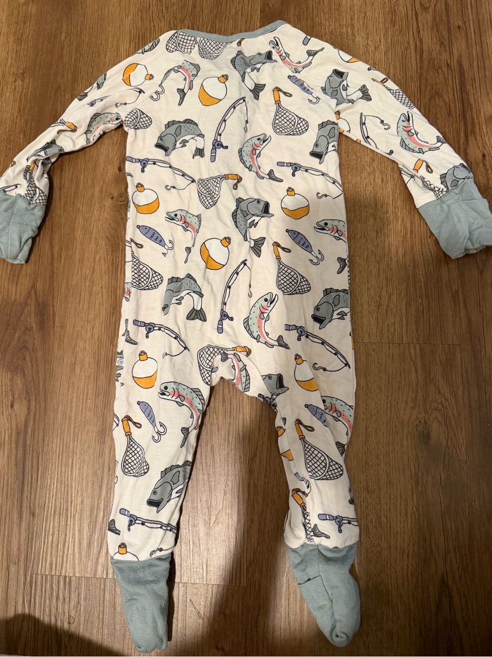 Caden Lane Cream Fishing Print Footed One-Piece with Blue Cuffs and Yellow Buoys